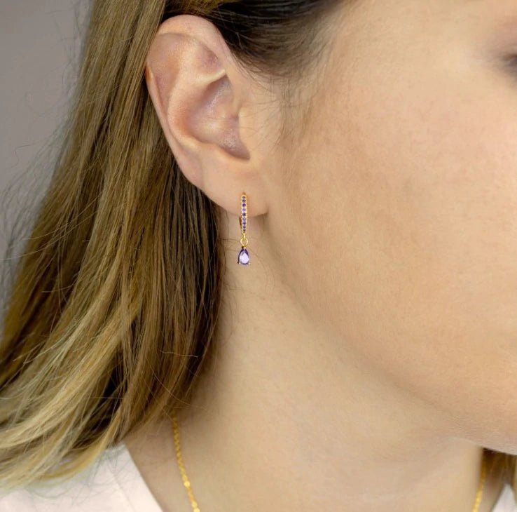Brinco Argola Pedra Roxo Banho Ouro 18k