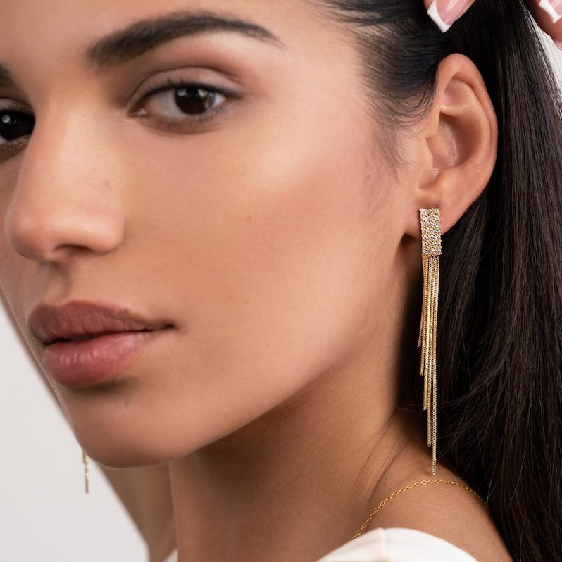 Brinco Longo Com Strass Banhado Ouro 18k