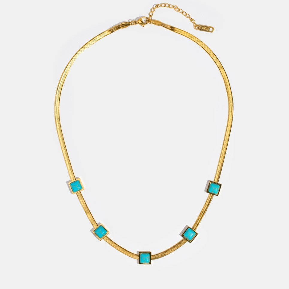 Colar Malha Pingente Azul Turquesa Banho Ouro 18k