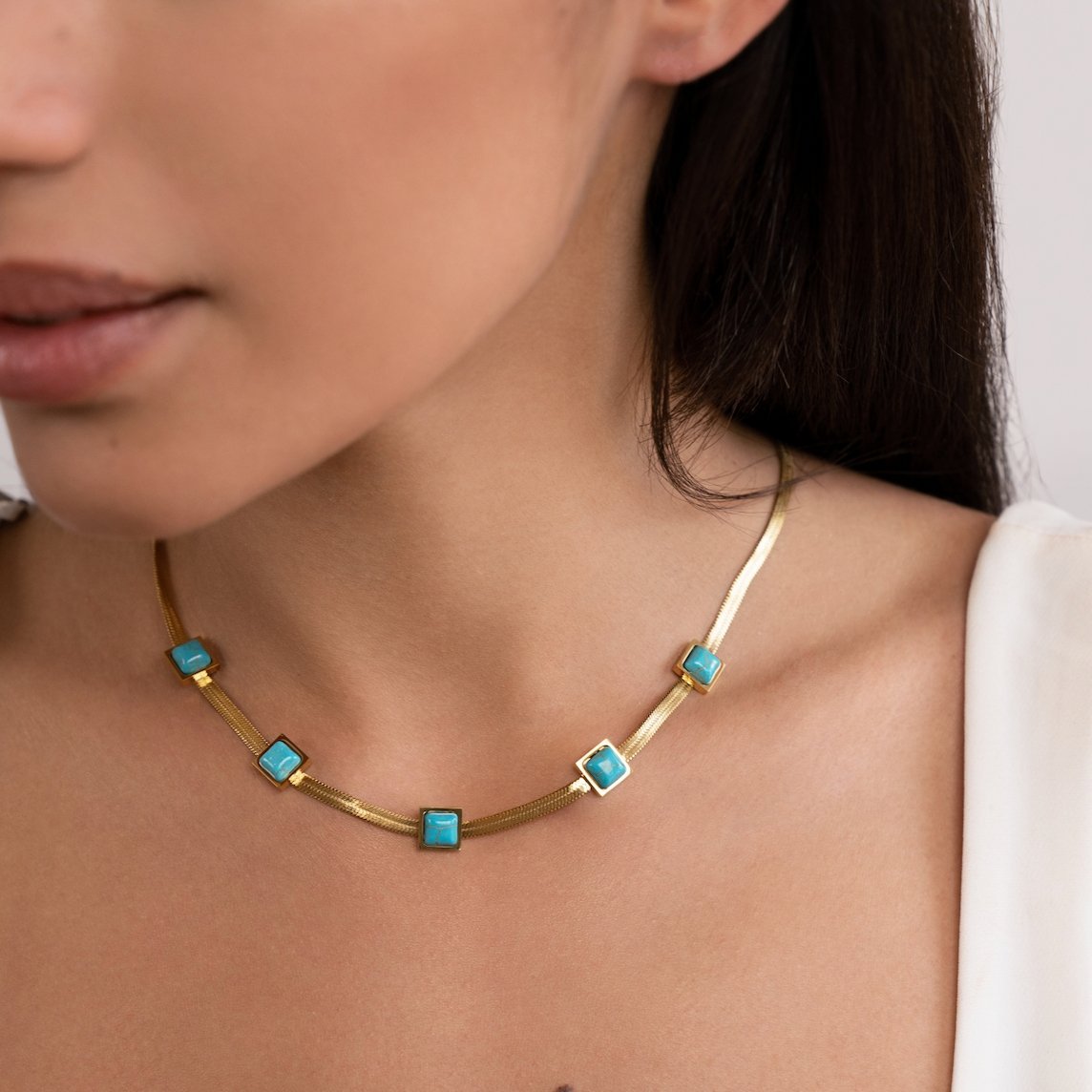 Colar Malha Pingente Azul Turquesa Banho Ouro 18k