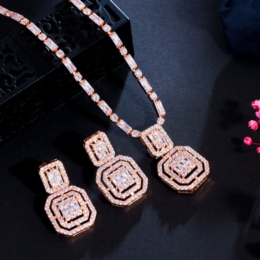 Conjunto Colar e Brinco Festa Luxo Cravejado de Zircônia