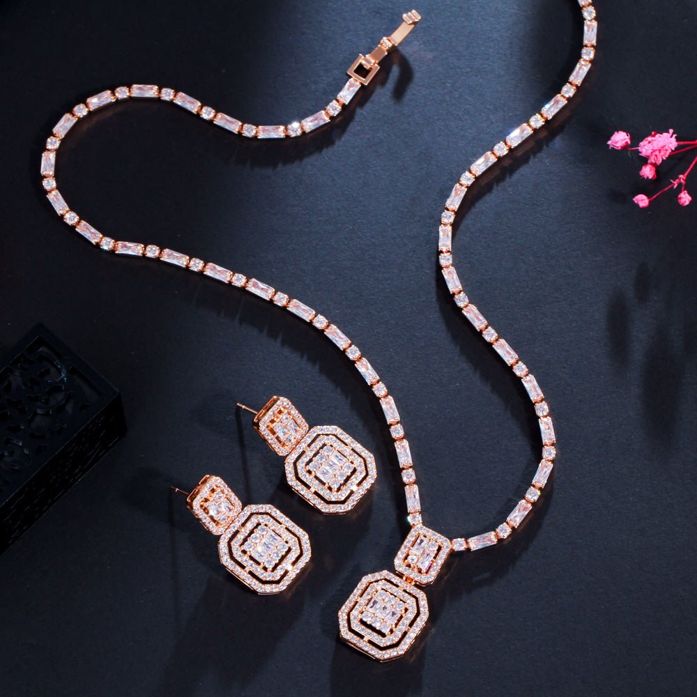Conjunto Colar e Brinco Festa Luxo Cravejado de Zircônia