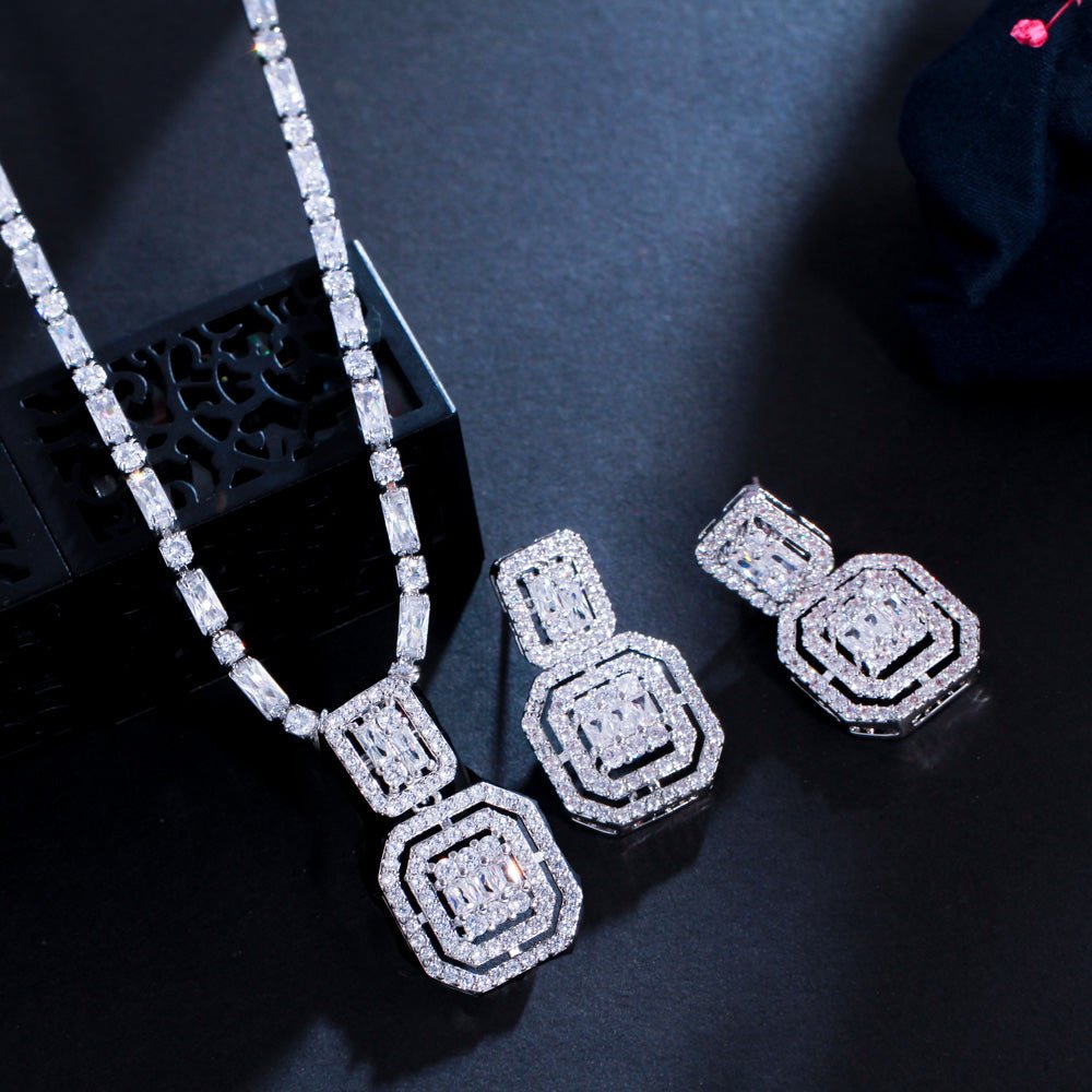 Conjunto Colar e Brinco Festa Luxo Cravejado de Zircônia