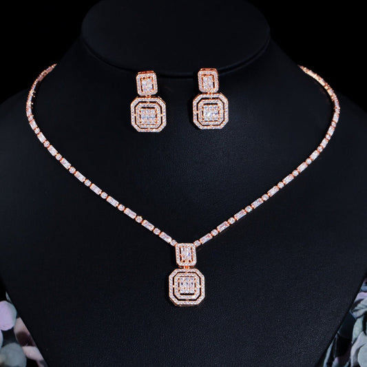 Conjunto Colar e Brinco Festa Luxo Cravejado de Zircônia